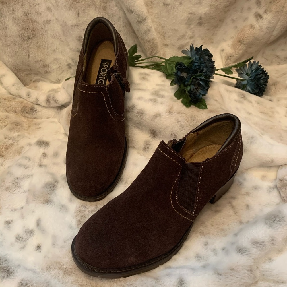 Sporto Annie Suede Ankle Boots Low Cut Booties Brown Interior Zip Chunky Heel